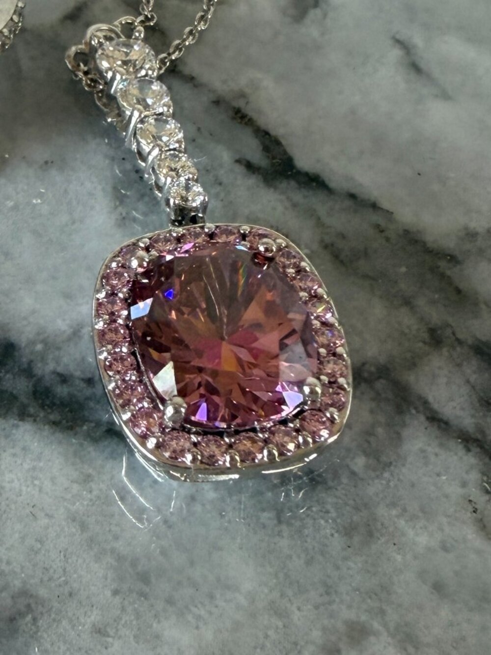 RARE Jean Dousset 925 Simulated Pink Tourmaline Cushion Cut Necklace & Pendant